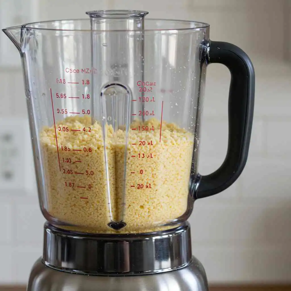 tarta de queso cremosa,Transparent blender container filled with finely ground light yellow or golden crumbs, processed from crackers