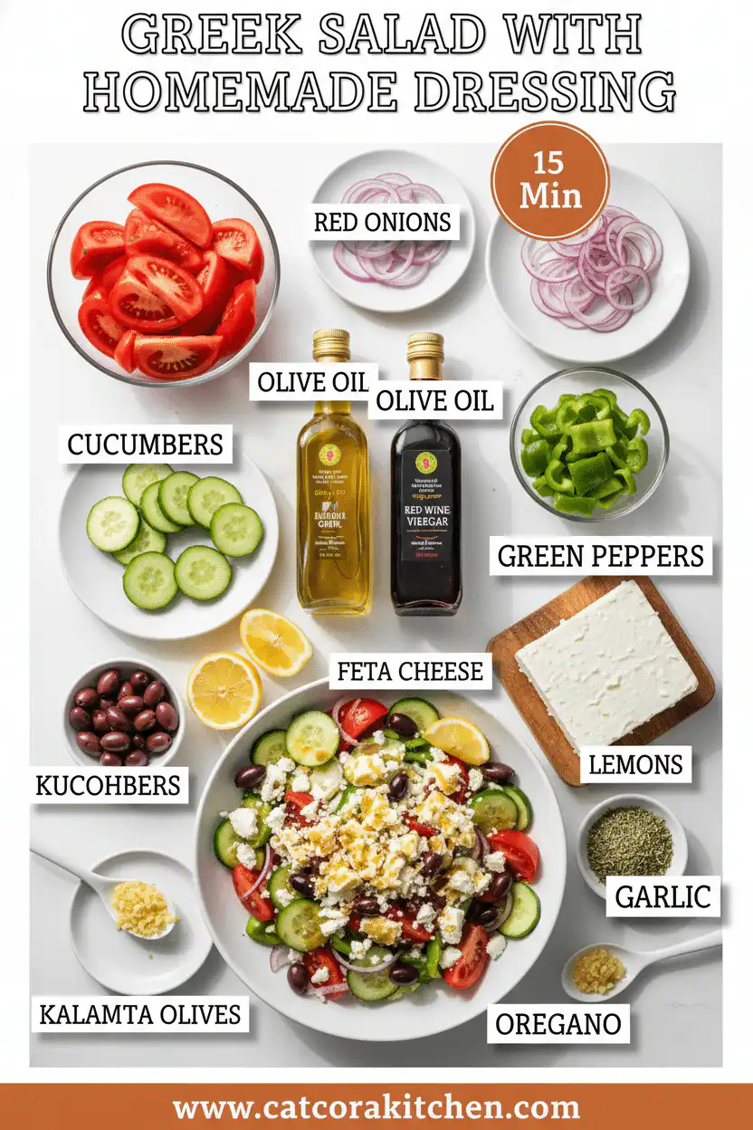 Greek salad with homemade dressing ingredients