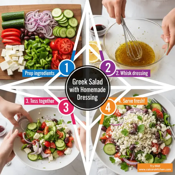 card recipe ingredients and instructions Greek salad with homemade dressing
