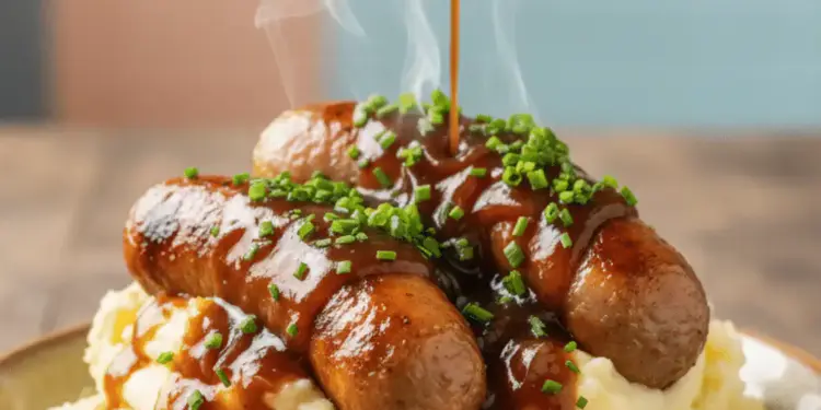 bangers and mash with Guinness onion gravy