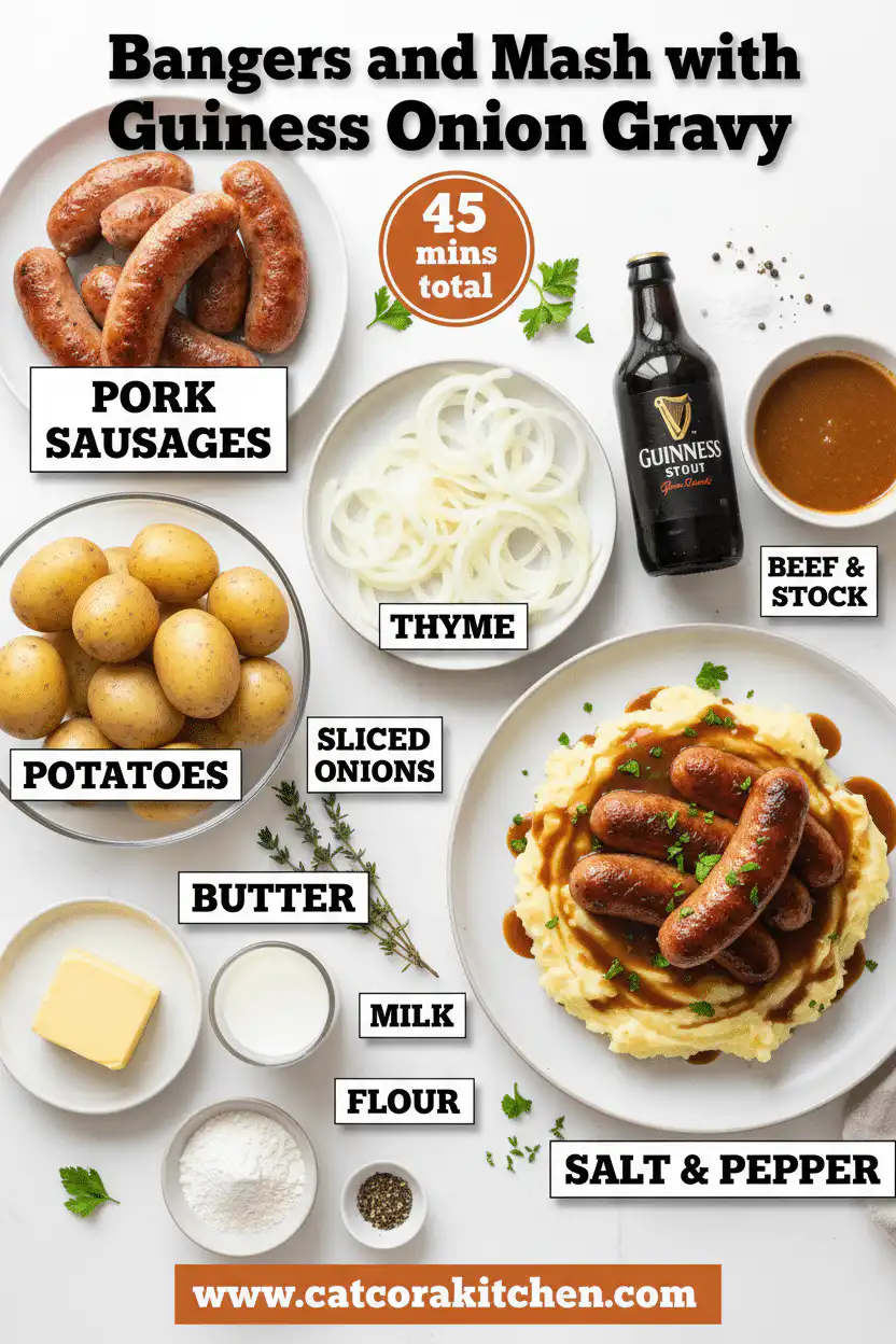 Bangers and mash with Guinness onion gravy ingredients