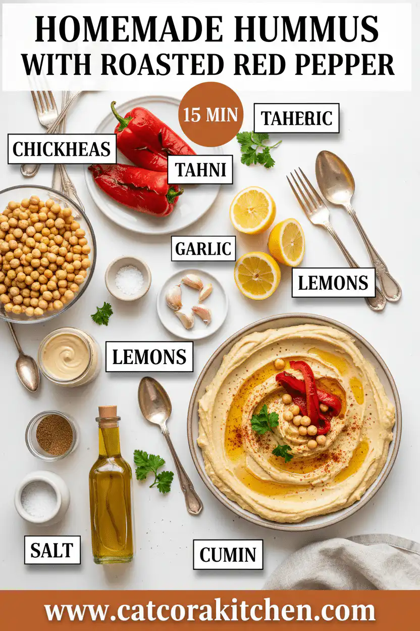 Homemade hummus with roasted red pepper ingredients