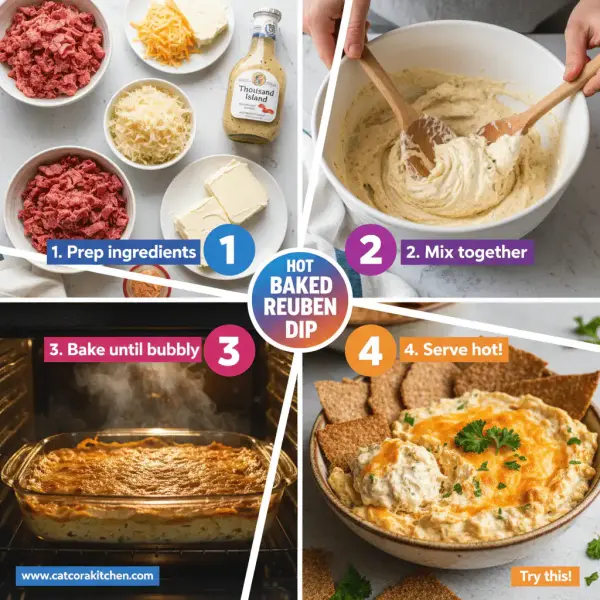 card recipe ingredients and instructions hot baked Reuben dip