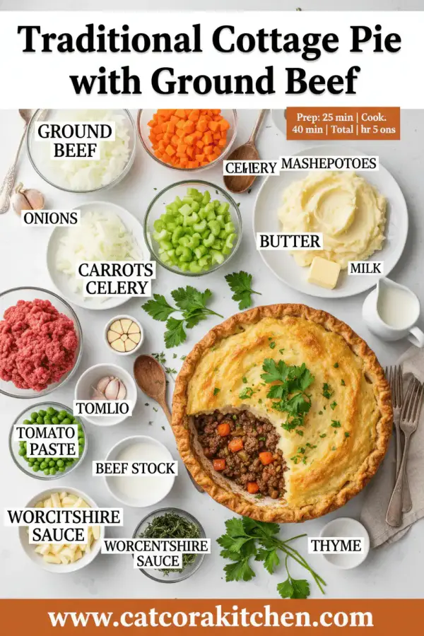 Traditional cottage pie with ground beef ingredients