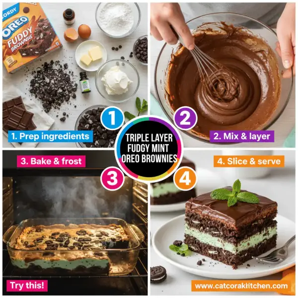 card recipe ingredients and instructions triple layer fudgy mint Oreo brownies