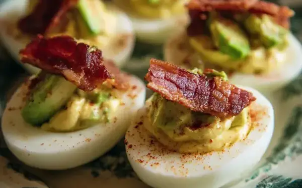 deviled eggs with avocado and bacon