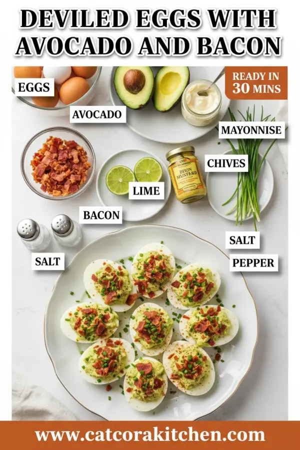 Deviled eggs with avocado and bacon ingredients
