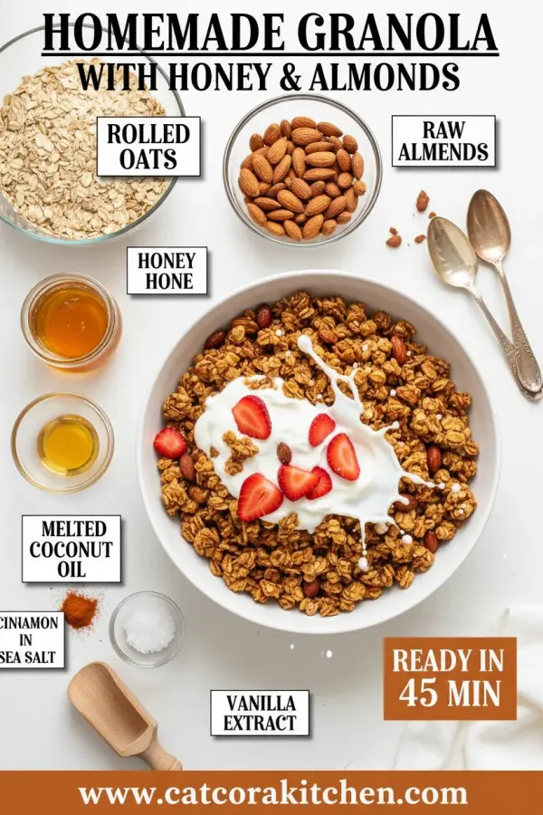 Homemade granola with honey and almonds ingredients