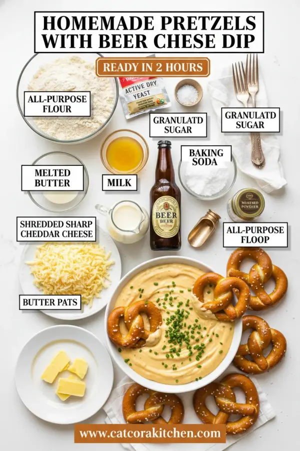 Homemade pretzels with beer cheese dip ingredients