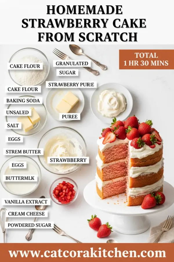 Homemade strawberry cake from scratch ingredients