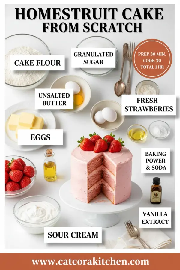 Homemade strawberry cake from scratch ingredients