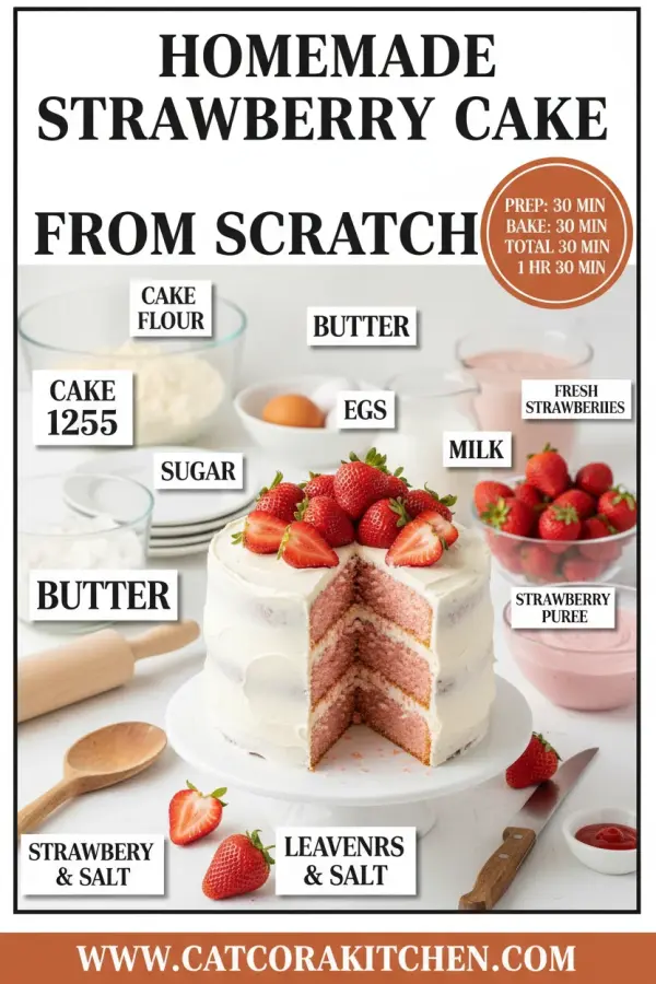 Homemade strawberry cake from scratch ingredients