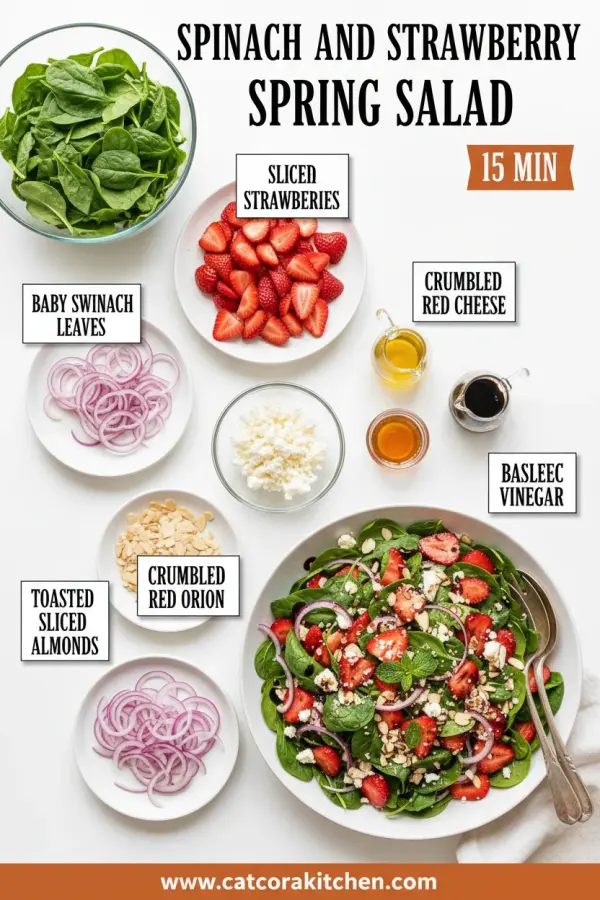 Spinach and strawberry spring salad ingredients