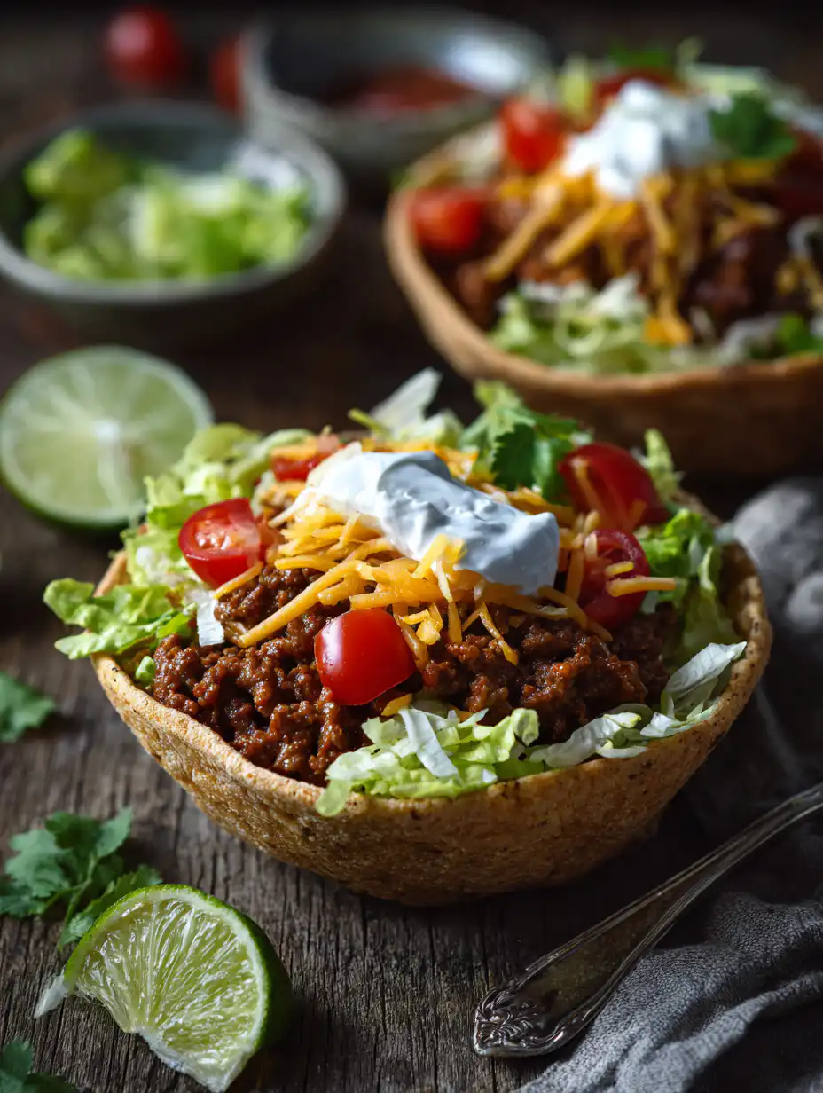 card recipe ingredients and instructions Cheesy Beef Taco Bowls
